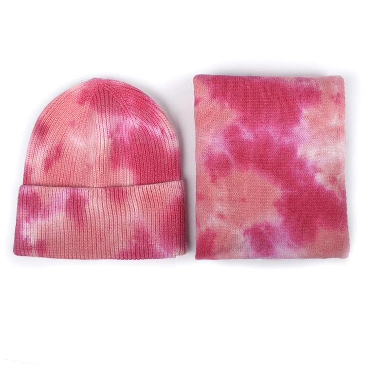 2020 Warm Soft Tie Dye Hats Beanies Women Winter Scarf Knitted Tie Dye Beanies Scarf Set