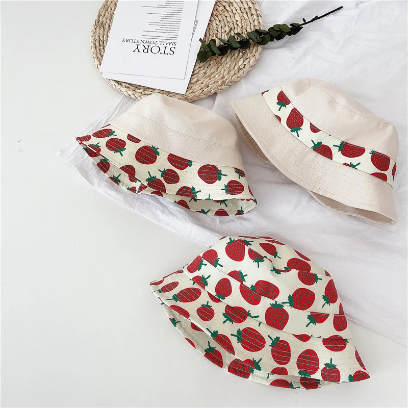 Children's Bucket Hat with Strawberry Print and Big Edge Fisherman Hat