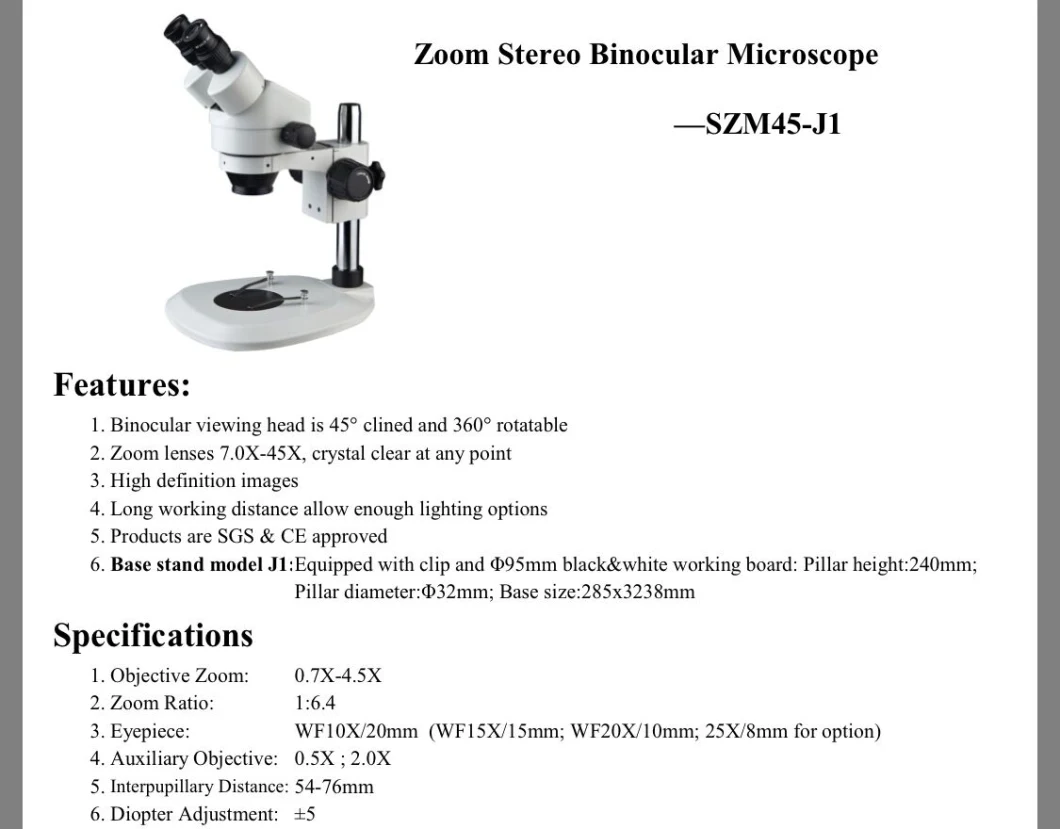 Zoom Binocular Microscope 7X-45X Szm45-J1