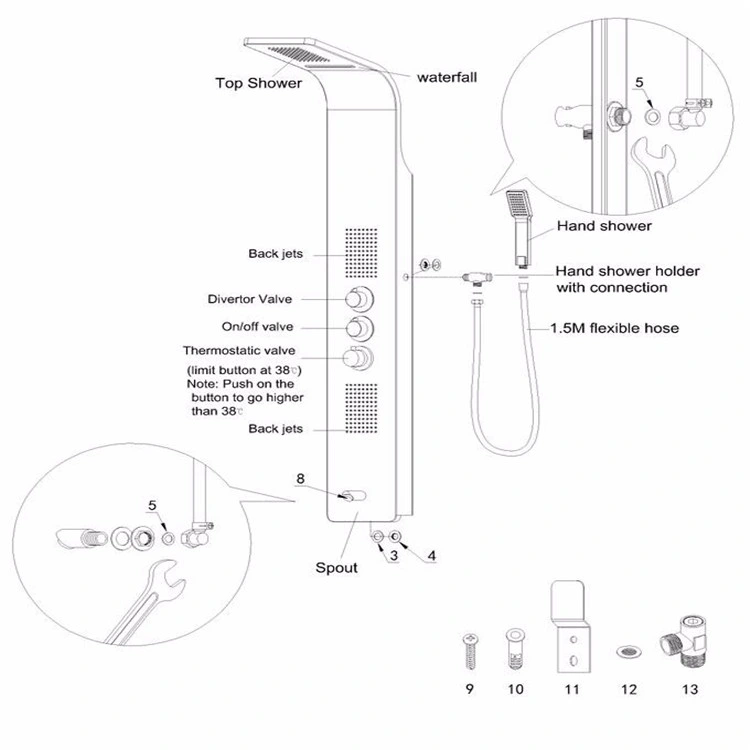 Hot Sale Luxury Black Color Thermostatic LED Rain Shower Head Bathroom Stainless Steel Wall Mounted Waterfall Shower Panels