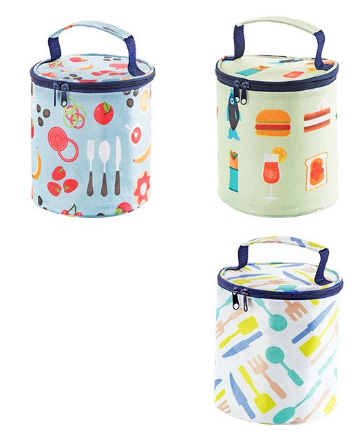 Polyester Full Printed Patterns Reusable Lunch Bag Round Meal Aluminium Foil Zipper Cooler Bag