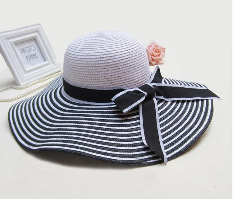 Black and White Fashion Straw Hat Wide Brim Sun Block Hat for Ladies