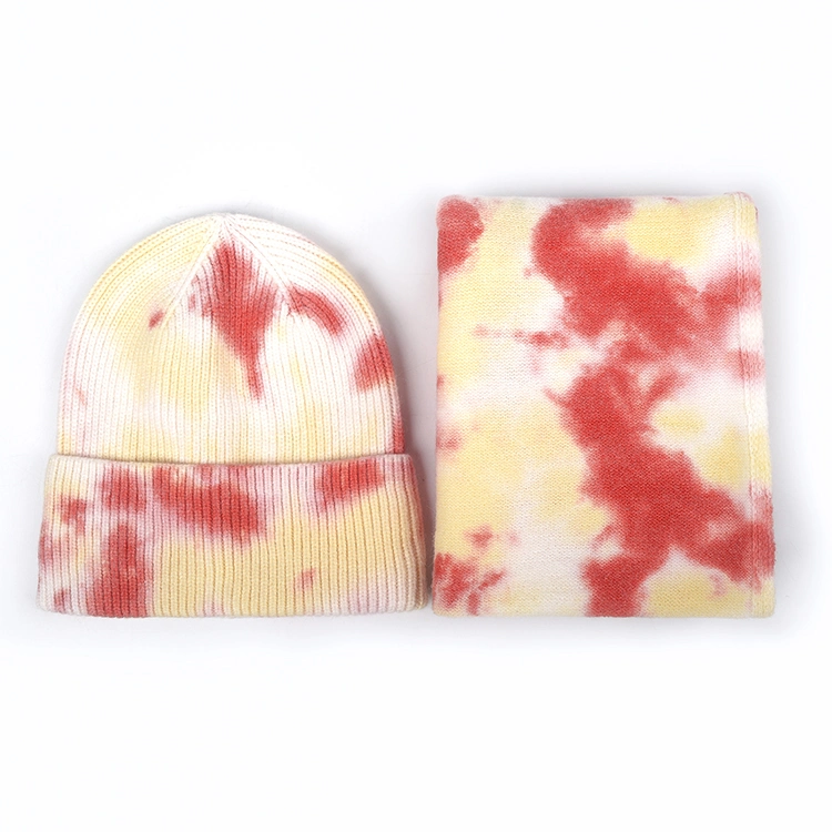 2020 Warm Soft Tie Dye Hats Beanies Women Winter Scarf Knitted Tie Dye Beanies Scarf Set