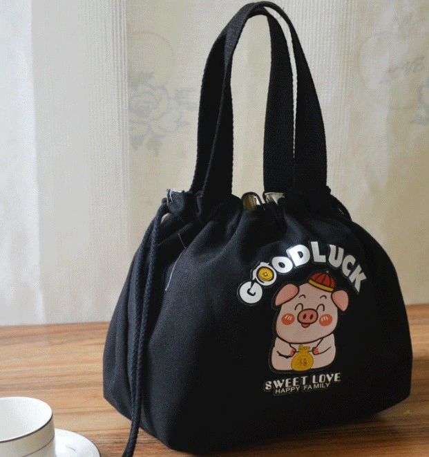 Drawstring Portable Cotton Cute Cartoon Printed Canvas Hand Carry Lunch Bag