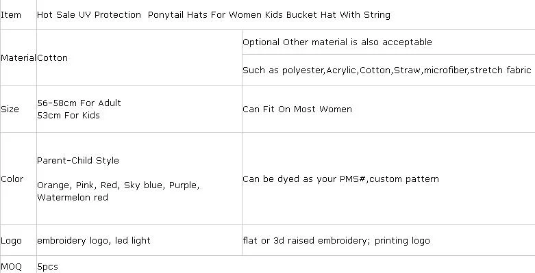 Cheaper Hot Sale UV Protection Ponytail Hats for Women Kids Bucket Hat with MOQ 1 PCS