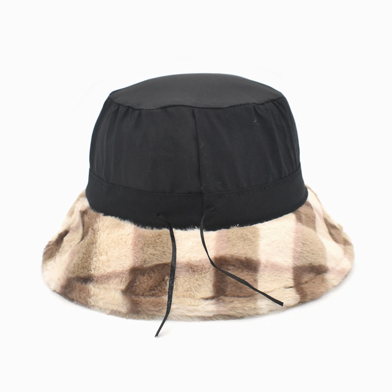 Fashion Unisex Sartorial Chunky Traditional Plaid Plush Wool Fur Soft Thicken Warm Winter Bucket Hat Cap