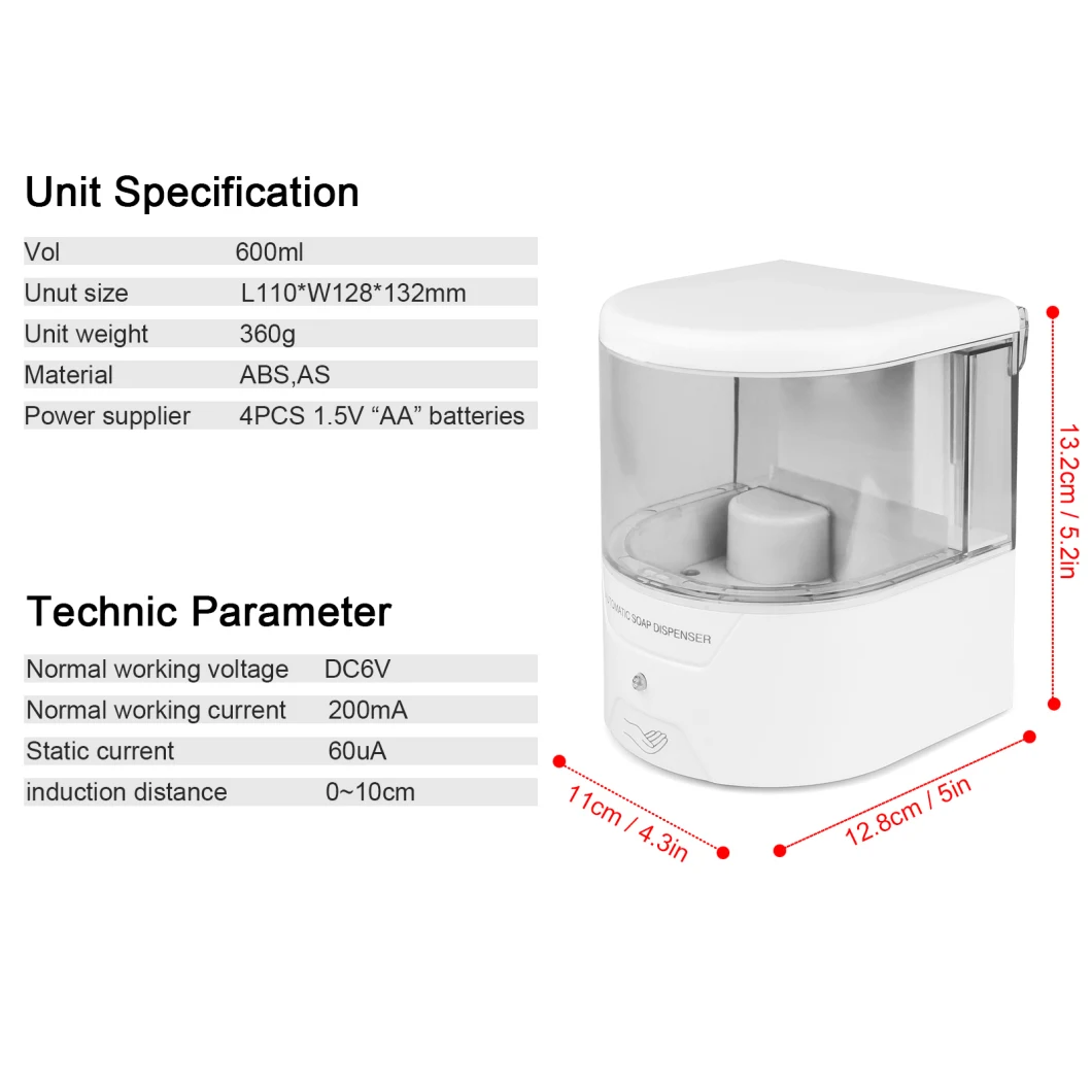 Automatic Liquid Soap Dispenser 600ml Wall Mounted Dispensers Touchless Sensor Infrared Soap Dispenser for Bathroom Kitchens