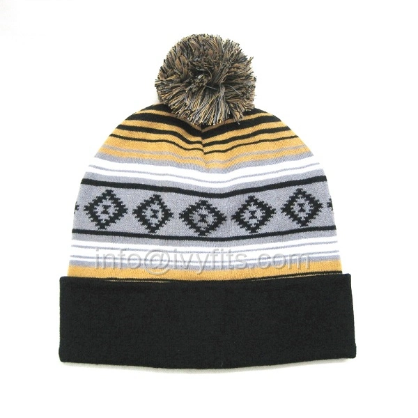 Fashion Multi-Color Protmotional Cotton Knitted Winter Hat with Stripe Pattern and Pompom