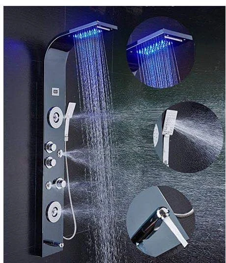 Hot Sale Luxury Black Color Thermostatic LED Rain Shower Head Bathroom Stainless Steel Wall Mounted Waterfall Shower Panels