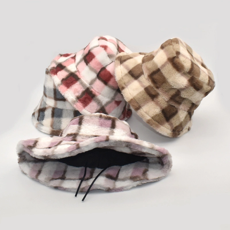 Fashion Unisex Sartorial Chunky Traditional Plaid Plush Wool Fur Soft Thicken Warm Winter Bucket Hat Cap