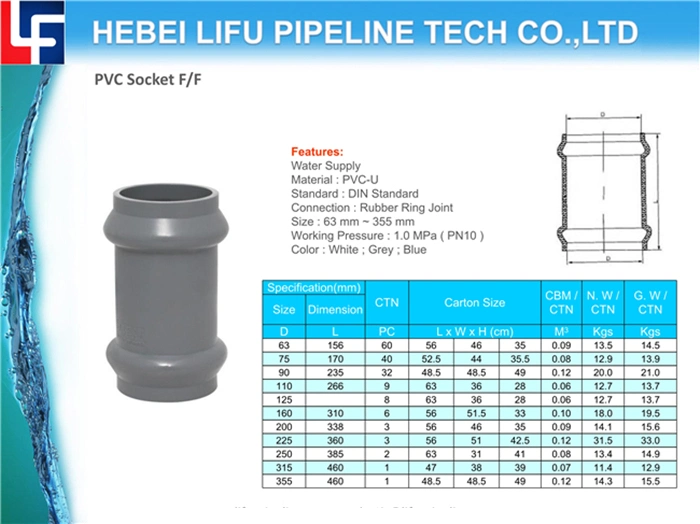 High Quality DIN Standard for Water Supply Pn10 Rubber Ring Plastic Pipe Coupling UPVC Flexible Pipe Fitting Coupling UPVC Pressure Pipe Reducing Coupling