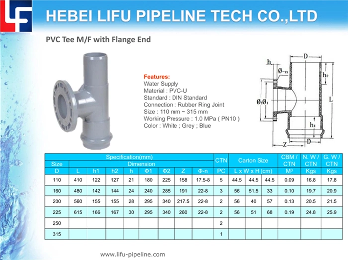 High Quality 1.0MPa Rubber Ring Joint Water Supply DIN Standard Plastic Pipe Fitting PVC Plumbing Pipe and Fittings UPVC Pressure Pipe Fitting Pn10