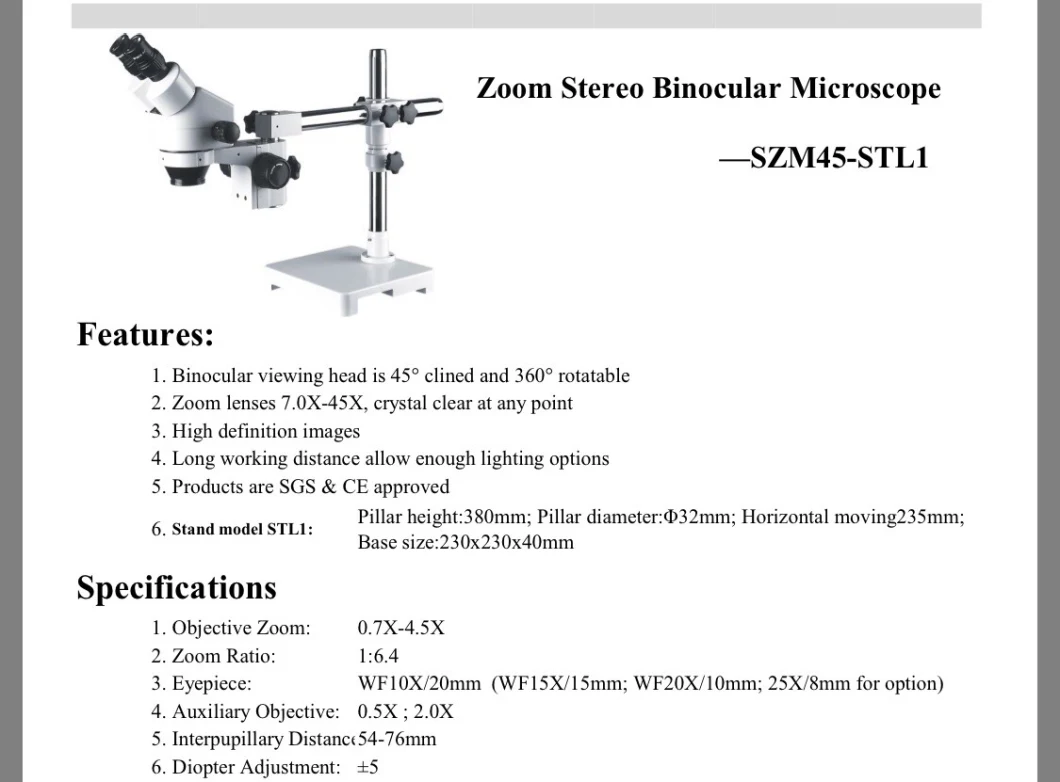 Zoom Stereo Binocular Microscope 7X-45X Szm45-Stl1
