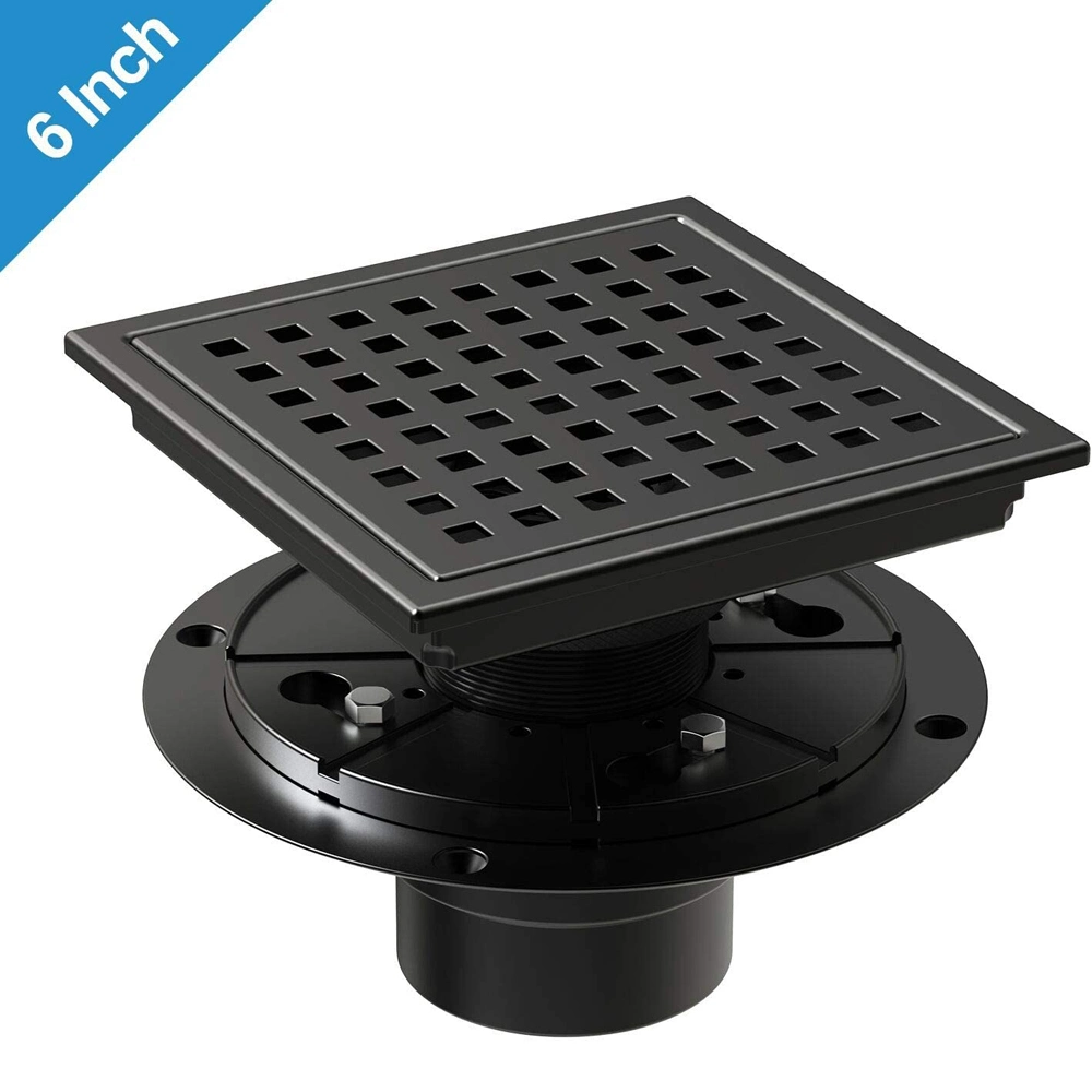 6 Inch Matte Black Stainless Steel 304 Square Holes Square Shower Drain for Bathroom