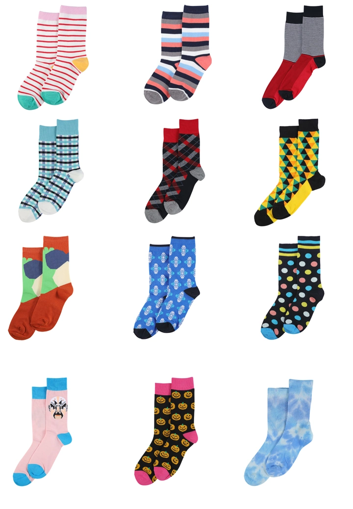 Custom Logo OEM 100 Cotton Men Women Fashion Funny Funky Crew Colorful Happy Dress Socks