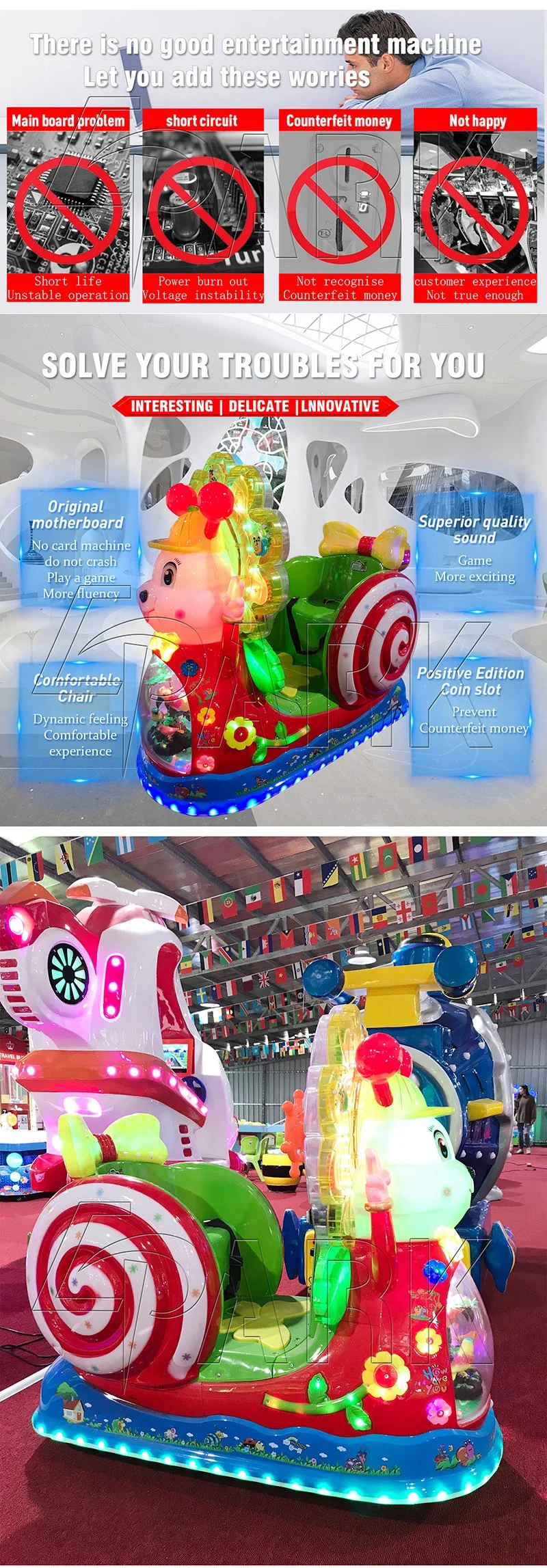 Factory Directly Sell Candy Snail Design Kiddie Ride on Toy Swing Car Game Machine