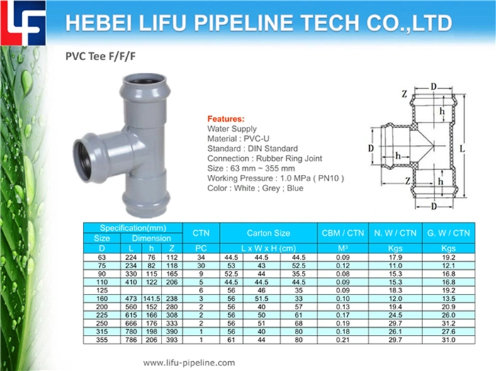 High Quality 1.0MPa Rubber Ring Joint Water Supply DIN Standard Plastic Pipe Fitting PVC Plumbing Pipe and Fittings UPVC Pressure Pipe Fitting Pn10