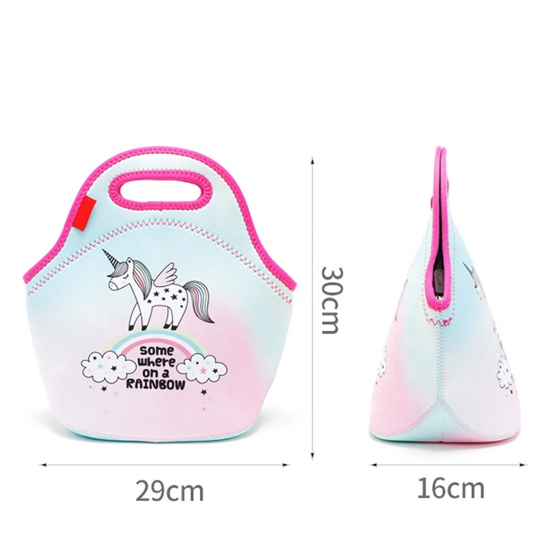 Custom Cute Cartoon Insulated Cooler Lunch Bag, Wholesale Unicorn Printed Neoprene Lunch Bag for Kids
