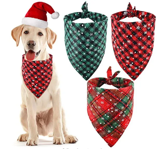 Christmas Pet Bandanas Triangle Pet Bibs Plaid Dog Scarf Kerchief for Christmas Pet Costume