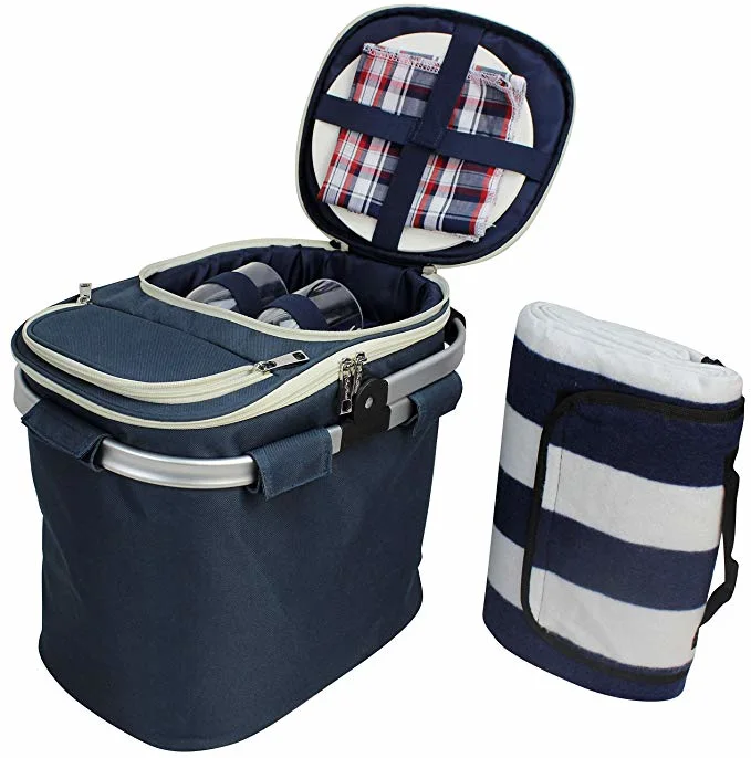 Picnic Basket for 2 Beautiful Insulated Lunch Tote Kit Insulated Wine Tote Bag for Women & Men Picnic Backpack Camping Tableware Set and Waterproof Blanket