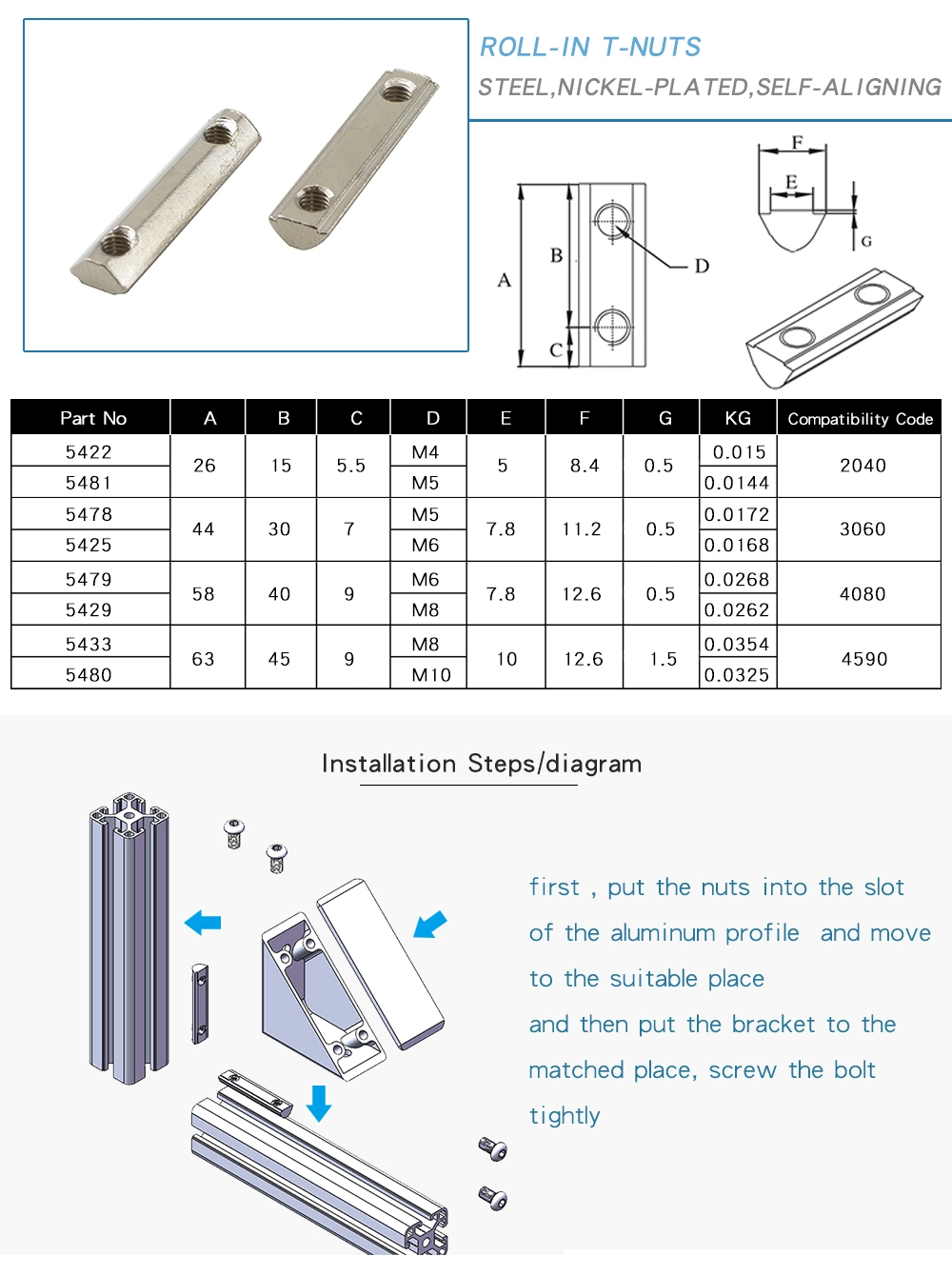 Aluminium Profile Steel Ob4590-M10 Roll-in T-Nuts