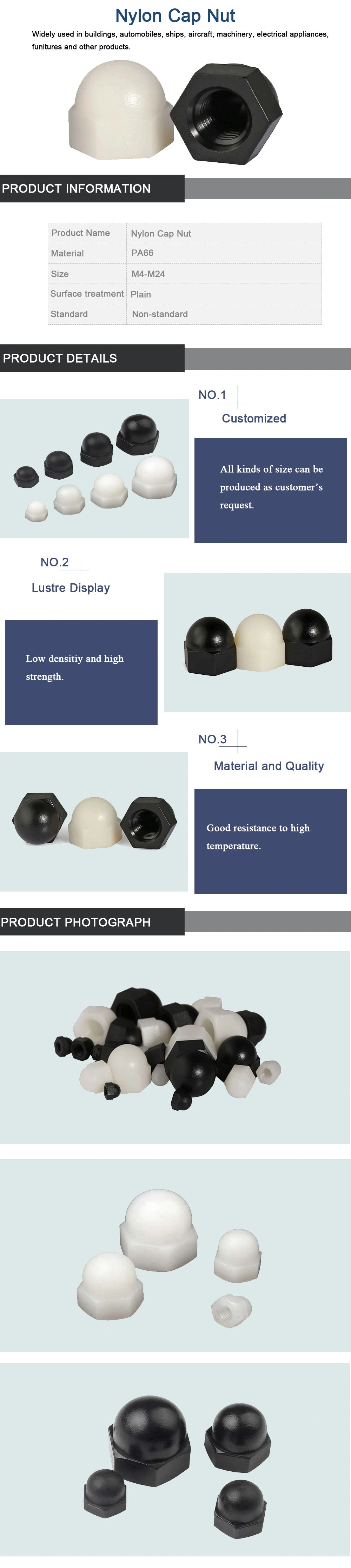 Customized Hexagon Slotted Plastic PA66 Nylon Castle Nut Cap Nut Hexagon Acorn Nut Domed Cap Nut Lock Nut Bolt and Nut Thick Nut Made in China