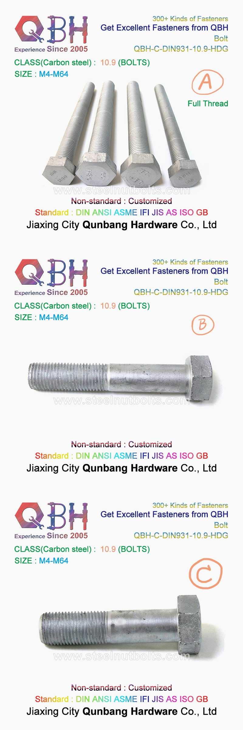 Qbh DIN931/DIN933 35CrMo Full Thread/Half Thread HDG Hex Bolt and Single Chamfered Nut Assemble