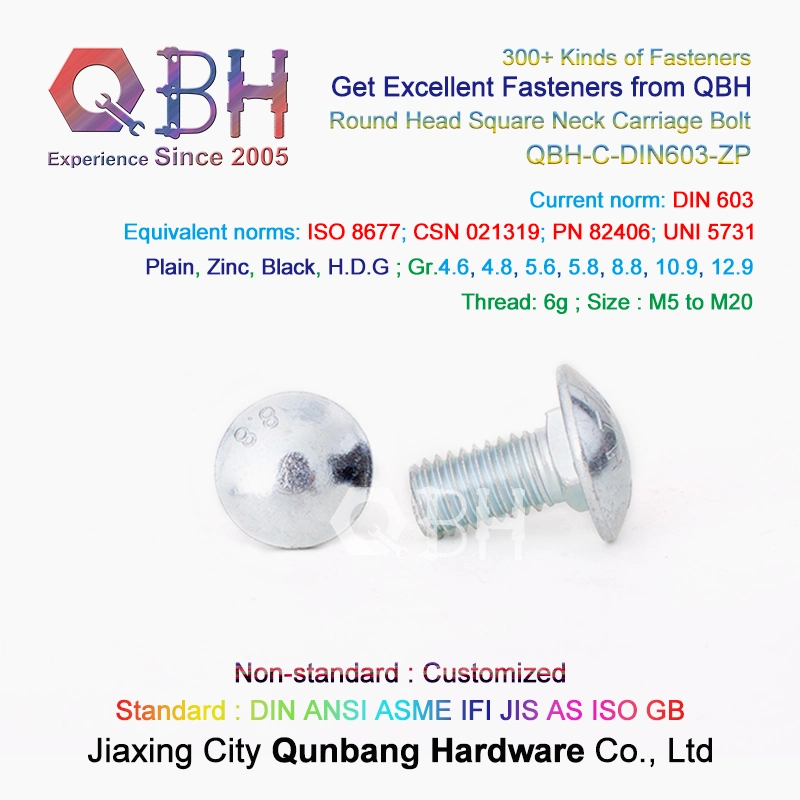 Qbh DIN603 Stainless Steel M8X20 Cl 4.8/6.8 M5-M20 Carriage Bolts Wood Coach Grub Screws