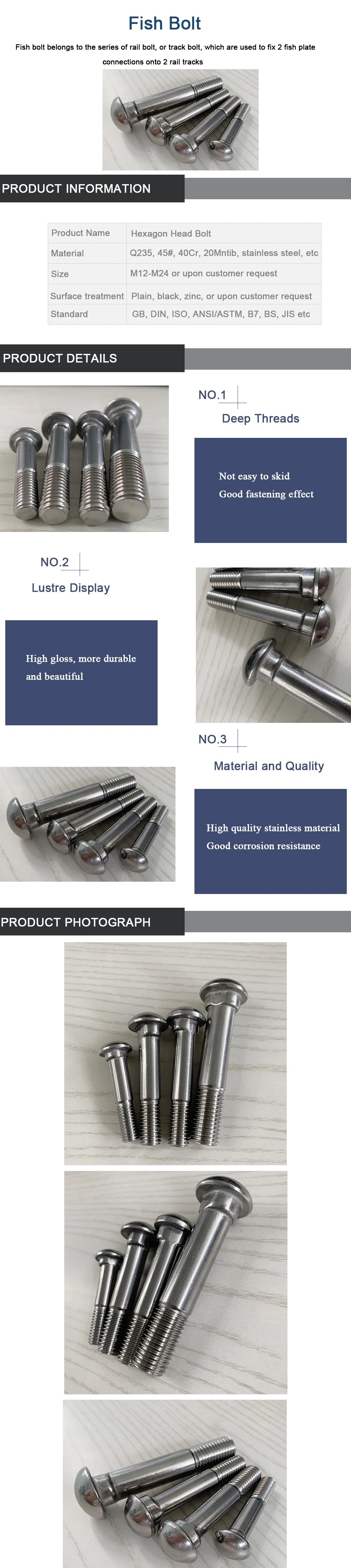 A2 A4 Stainless Steel Cup Oval Neck Bolt Railway Fishtail Bolt Railway Fish Plate Bolt Fish Bolt