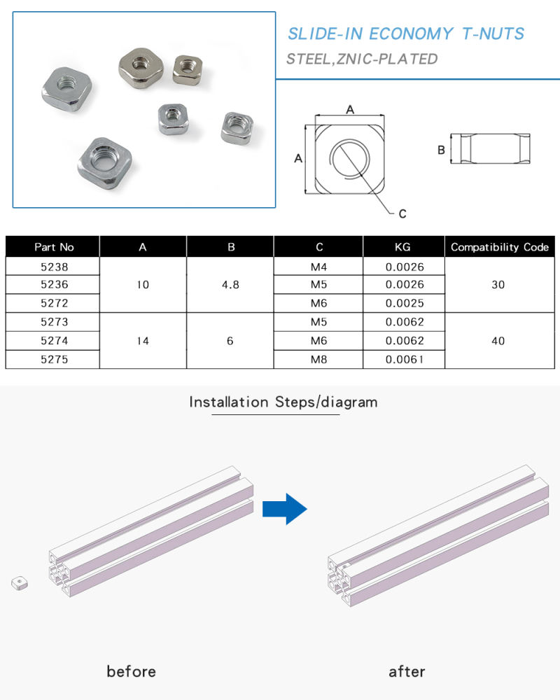 Steel M8-40 Slide -in Economy T-Nuts for Aluminium Profile