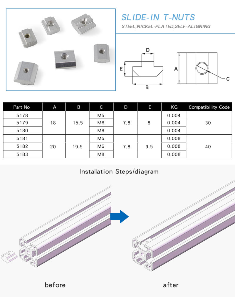 Ob40 M8 Aluminium Slide-in T Nuts for Aluminium Profile