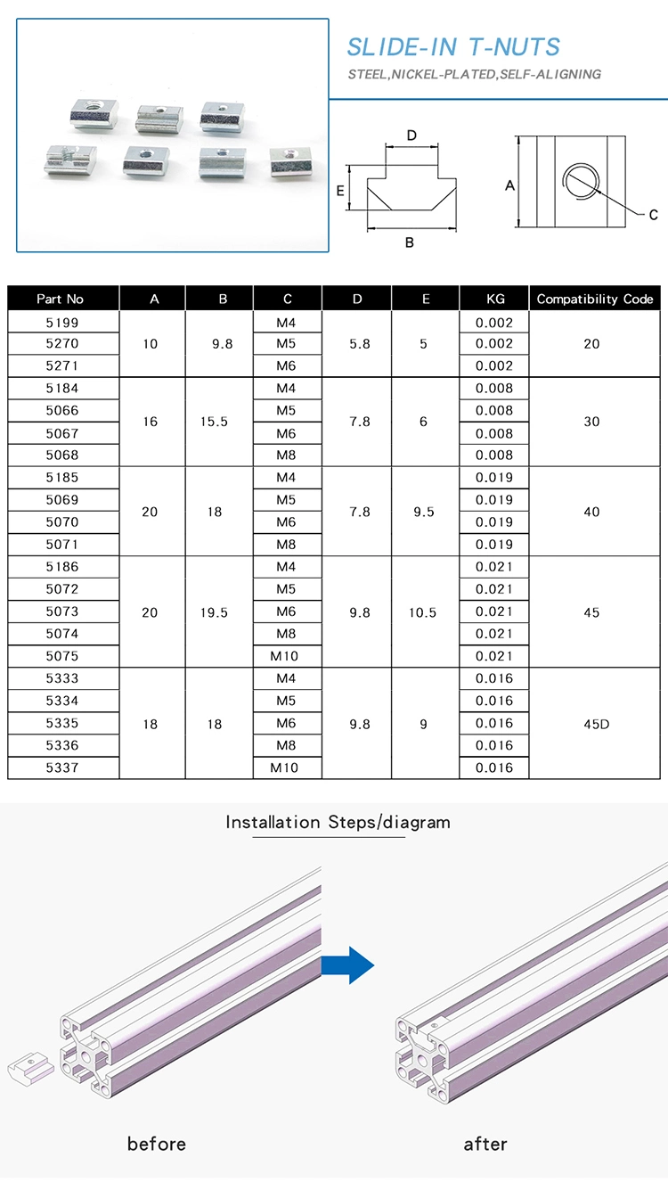 M10 a Style Steel Slide-in T-Nuts Steel Nickel Plated Nuts for 45 Aluminum Profile