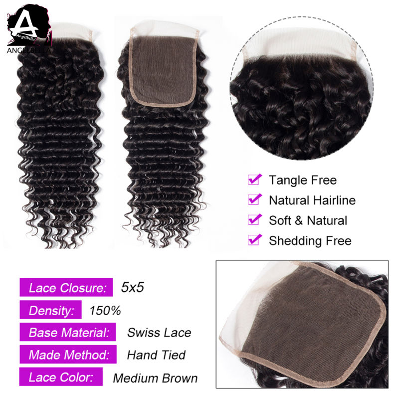 Angelbella New Arrived Peruvian Closure Deep Wave 5X5 Human Remy Hair with Closure