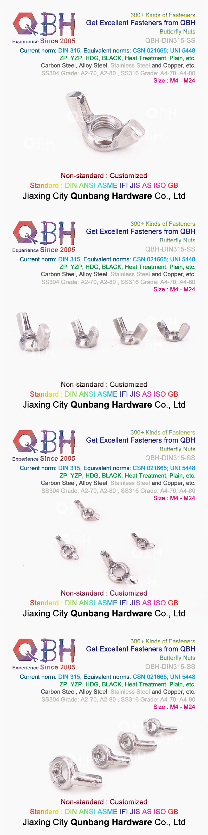 Qbh DIN315 Brass Copper Carbon Stainless Steel Square Rectangular Handle Butterfly Wing Nuts