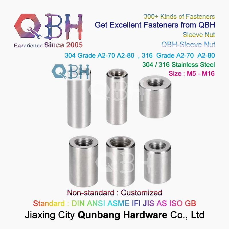 Qbh Grade A2 M5 to M16 Stainless Steel Inner Female Thread Studs Round Cylinder Head Height Sleeve Long Coupling Nuts