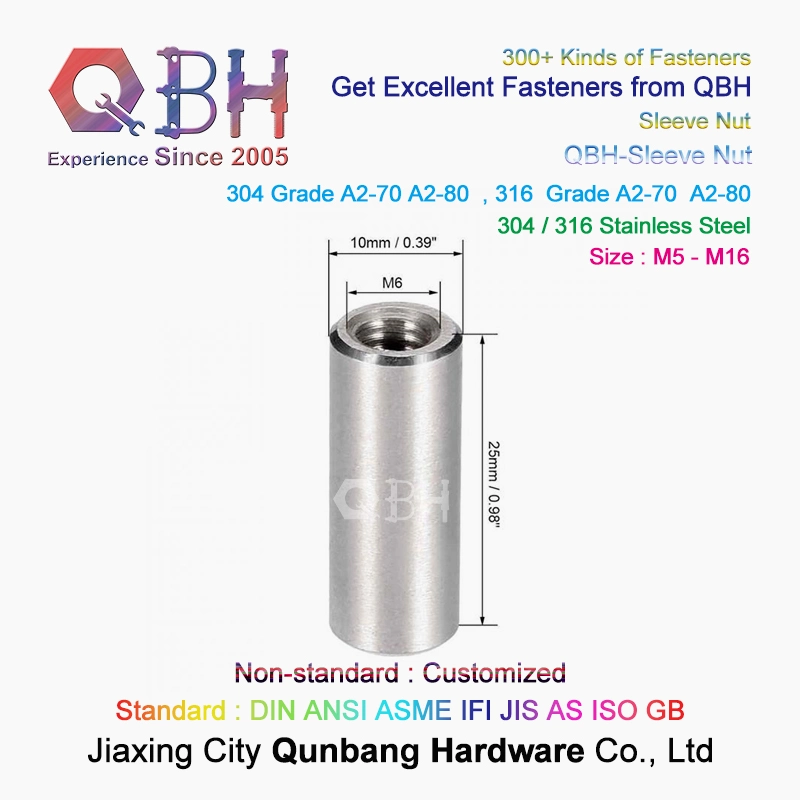Qbh Grade A2 M5 to M16 Stainless Steel Inner Female Thread Studs Round Cylinder Head Height Sleeve Long Coupling Nuts