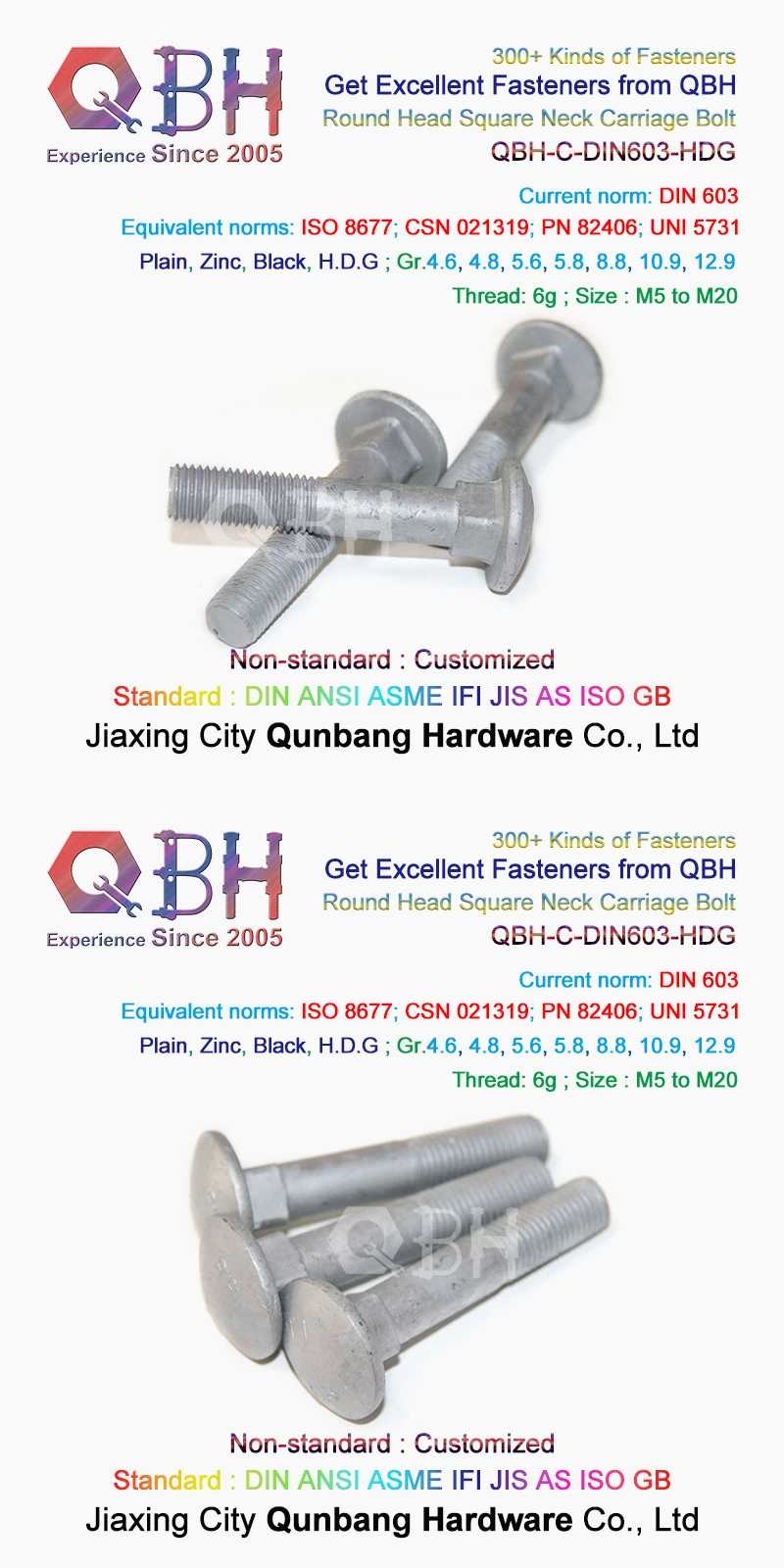 Qbh DIN603 Stainless Steel M8X20 Cl 4.8/6.8 M5-M20 Carriage Bolts Wood Coach Grub Screws
