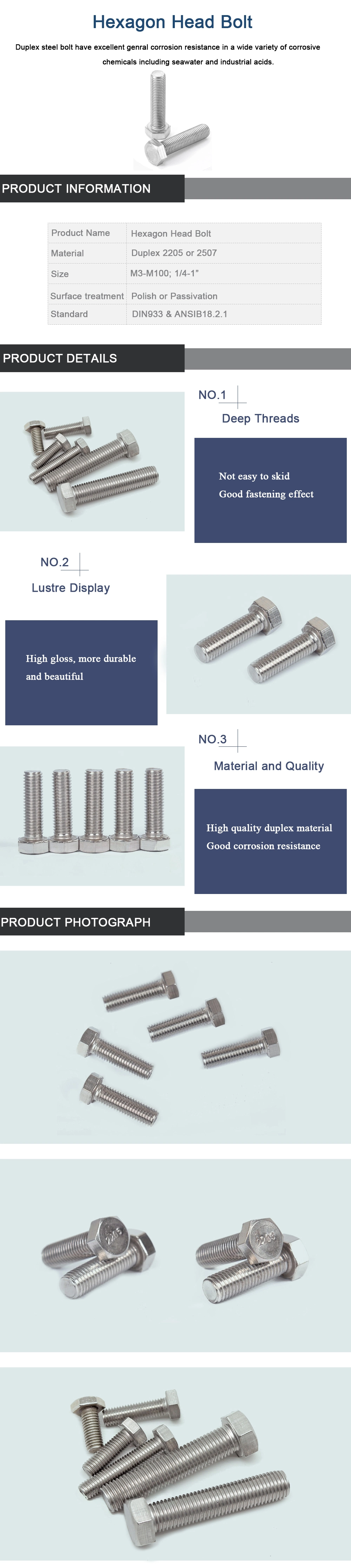 Duplex Fasteners S32750 2205 Hex Head Bolt Hex Cap Screw Structural Bolt ASTM A325