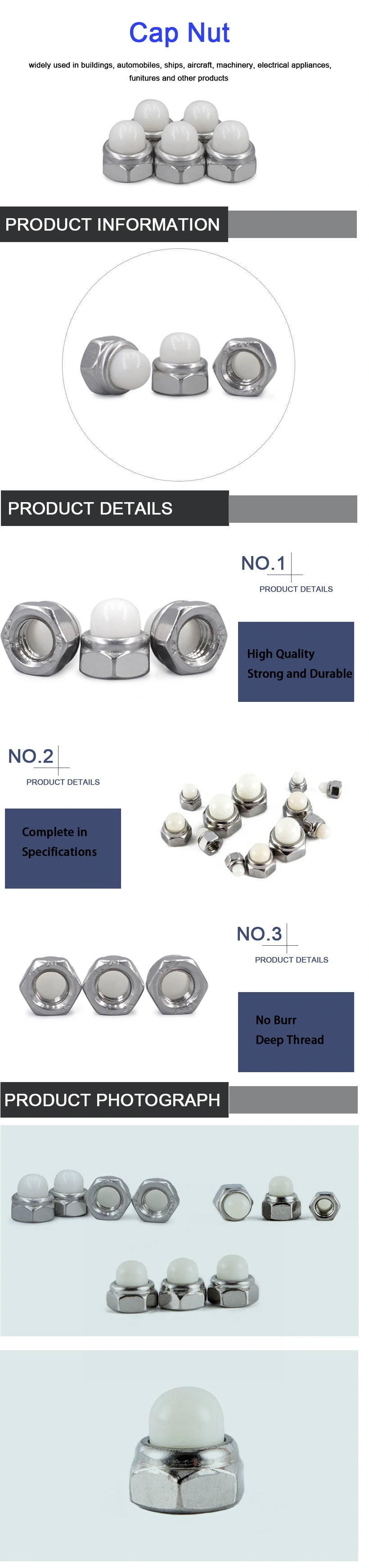 Manufacturer Customized Stainless Steel Nylon Cap Nut Pop Nut T Nut Hex Cap Nut Dome Nut