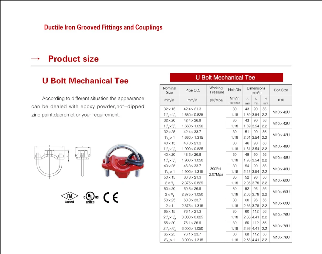 FM/UL Certified Di Grooved U-Bolt Mechanical Tee