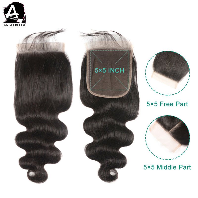 Angelbella Swiss Lace Closure 5X5 Body Wave Brazilian Remy Hair with Closure