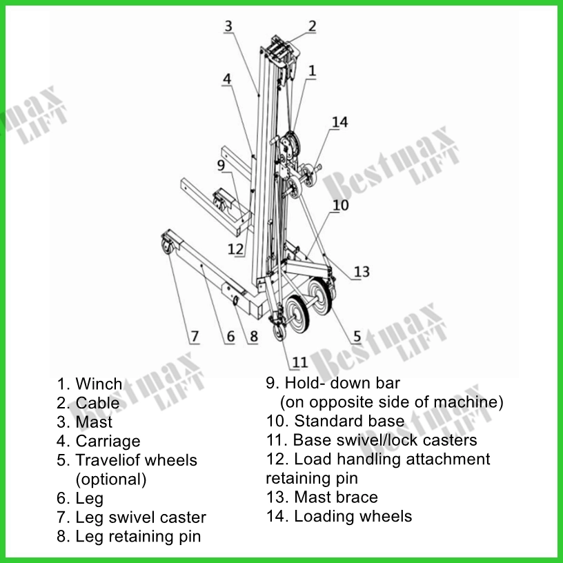 6 Meters Portable Manual Material Lift with Swivel Locks