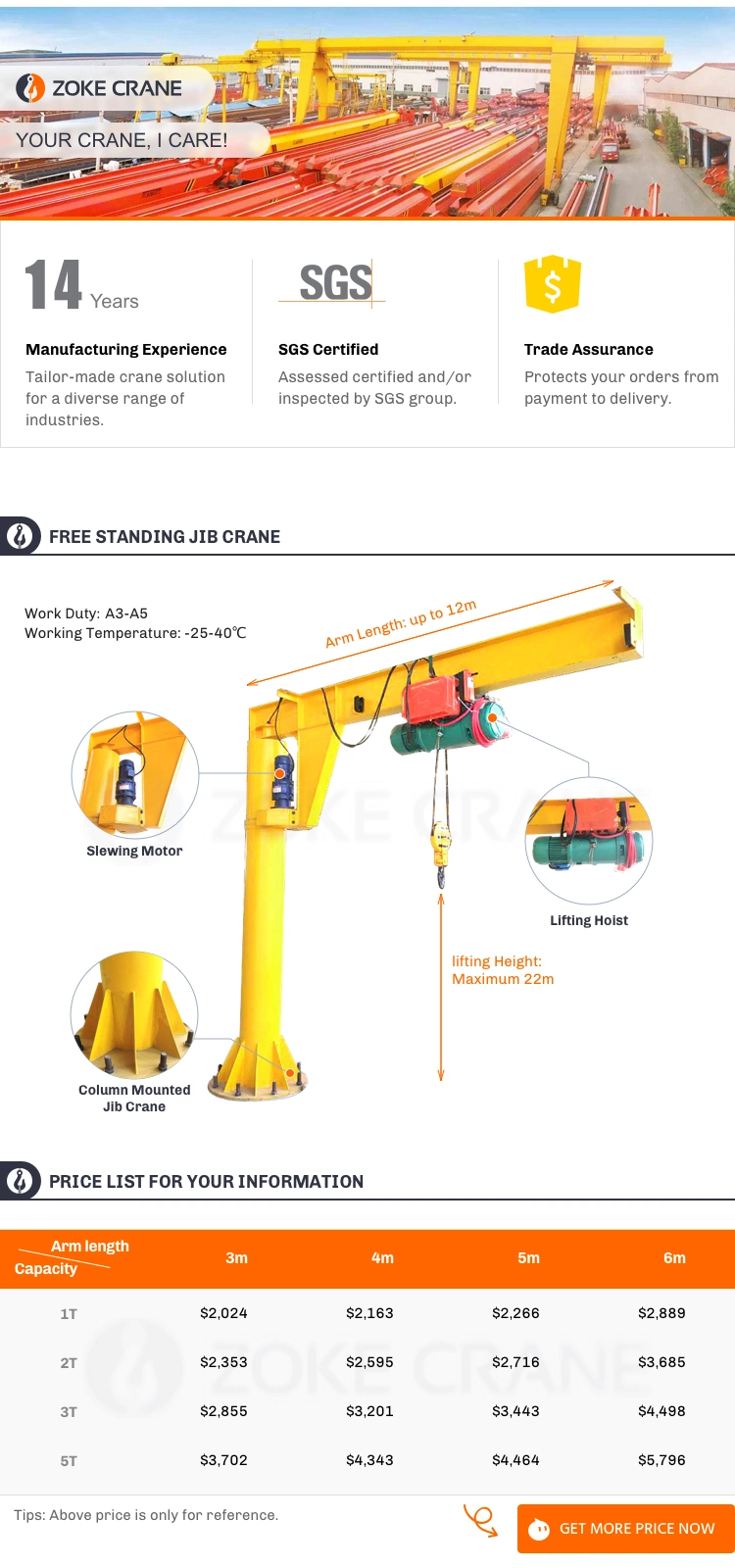Zoke Crane 5 Ton Floor Mounted Electric Hoist Jib Crane