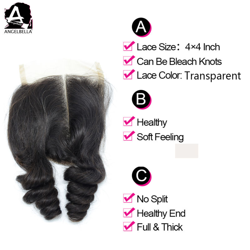 Angelbella Swiss Lace Closure Brazilian Remy Human Hair with 4X4 Closure