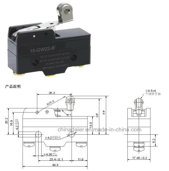 Z-15gw22-B Black Screw Terminal Short Lever Roller Micro Switch 15A