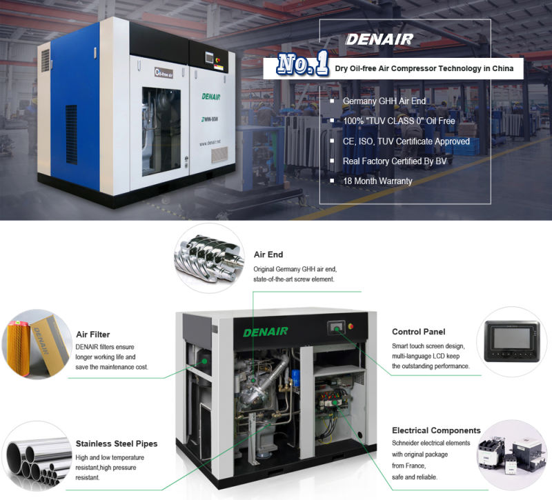 10.5 Bar Air-Cooling Oil-Free Screw Air Compressor with Speed Variator