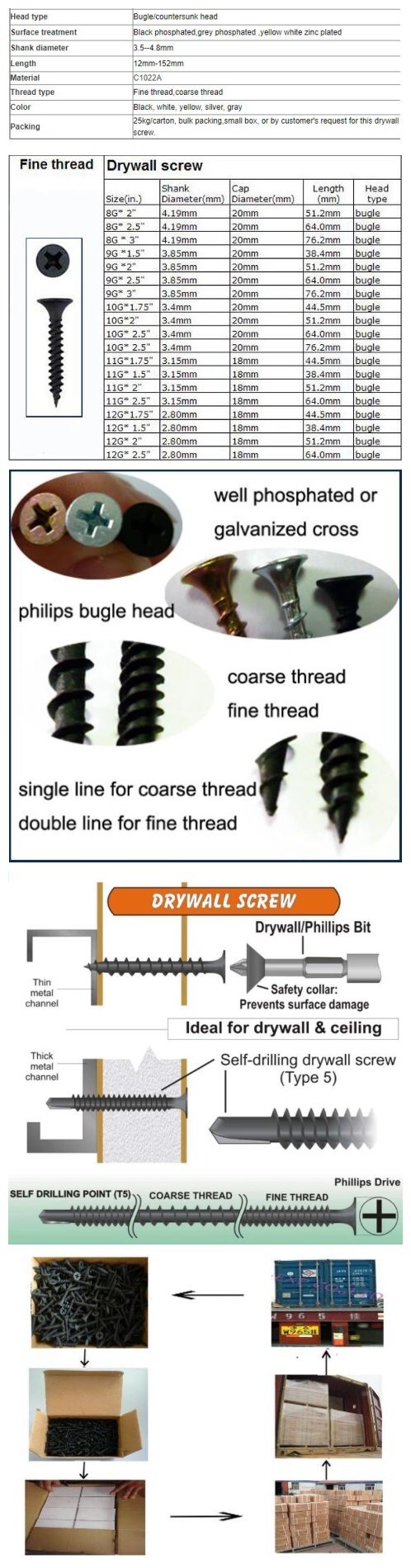 Black Phosphate Bugle Head Fine Thread Drywall Screw 6X19