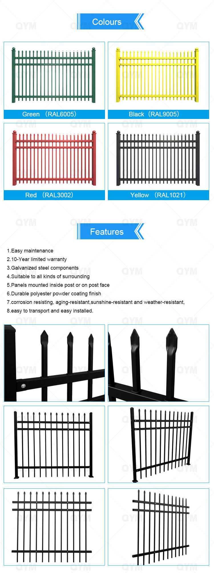 Welded Tubular Steel Picket Fencing Temporary Picket Road Fence