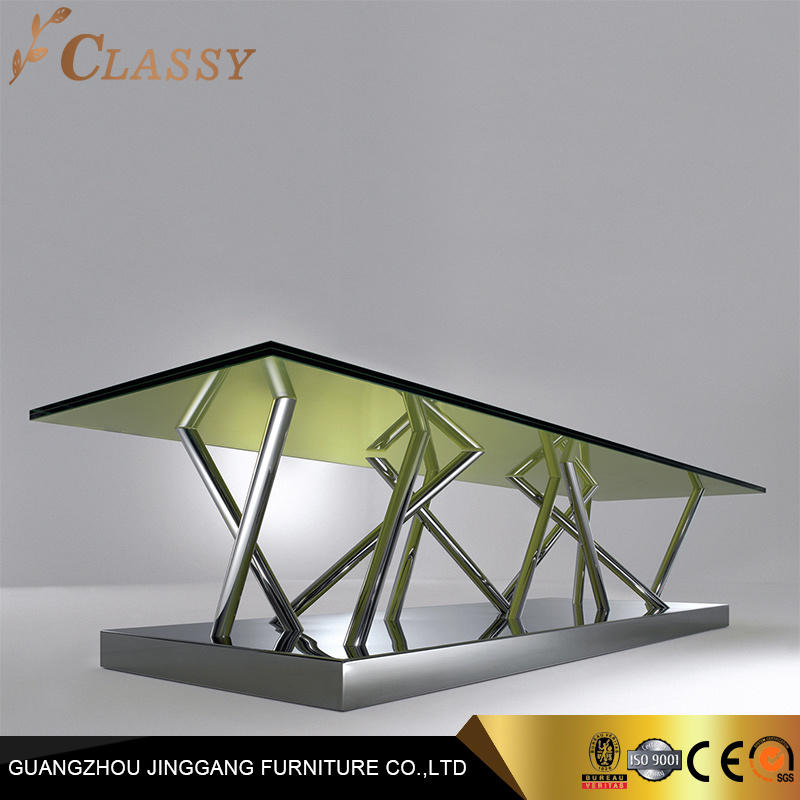 Modern Glass Coffee Table with Metal Base for Living Room