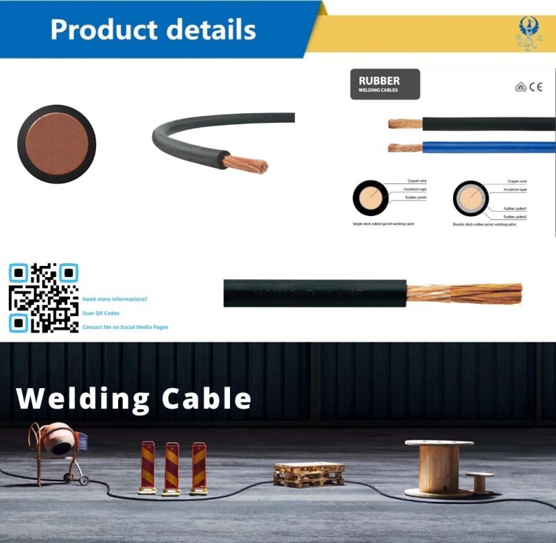 Welding Cable Rubber and High Flexible 1*10 1*16 1*25 mm Square with Flexible Bare Annealed Copper Wire or Tinned Copper Wire
